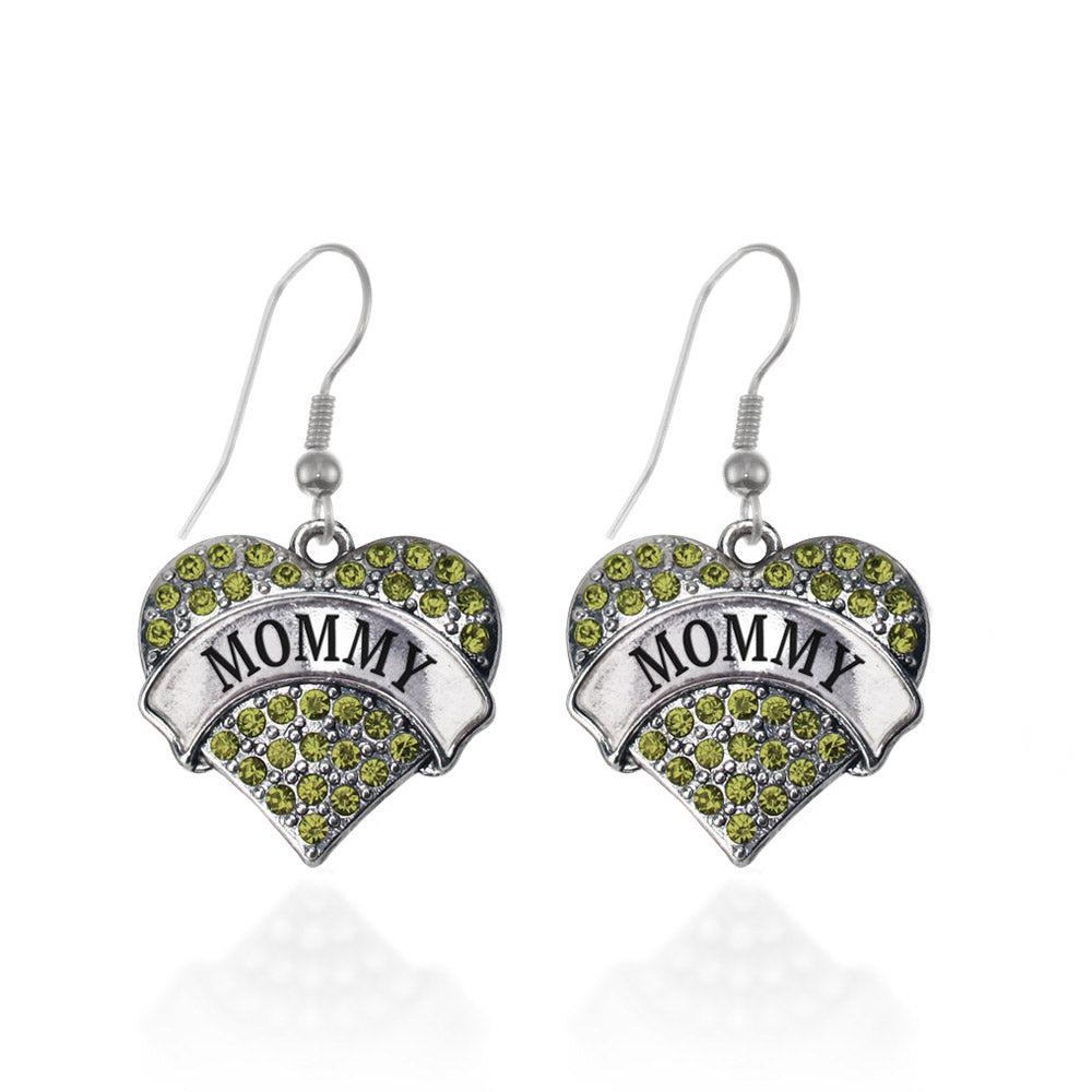 Silver Mommy Green Green Pave Heart Charm Dangle Earrings