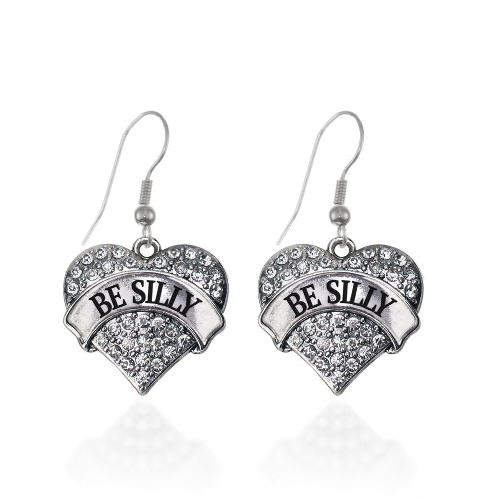 Silver Be Silly Pave Heart Charm Dangle Earrings