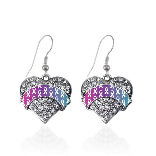 Silver Thyroid Ribbon Support Pave Heart Charm Dangle Earrings