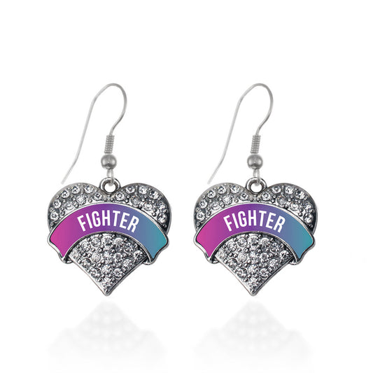 Silver Thyroid Fighter Pave Heart Charm Dangle Earrings