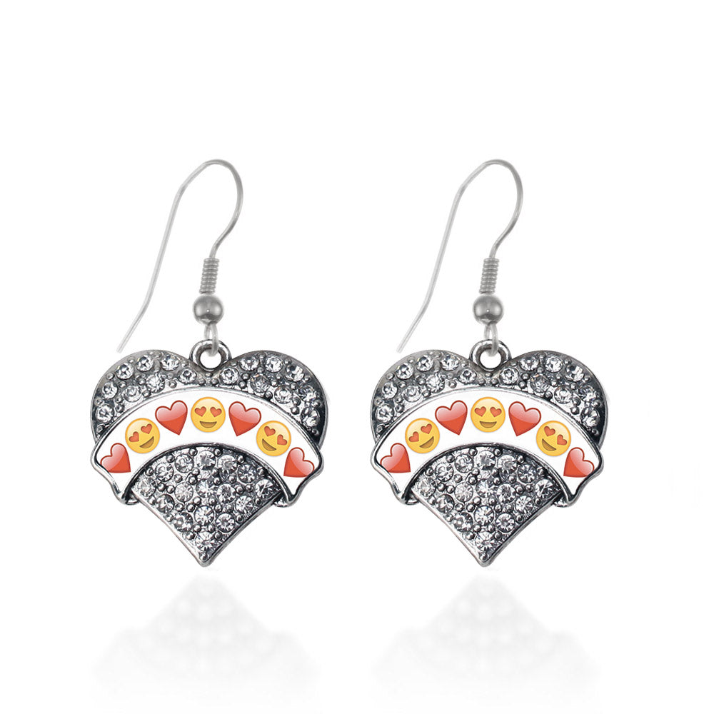 Silver Emoji LOVE Pave Heart Charm Dangle Earrings