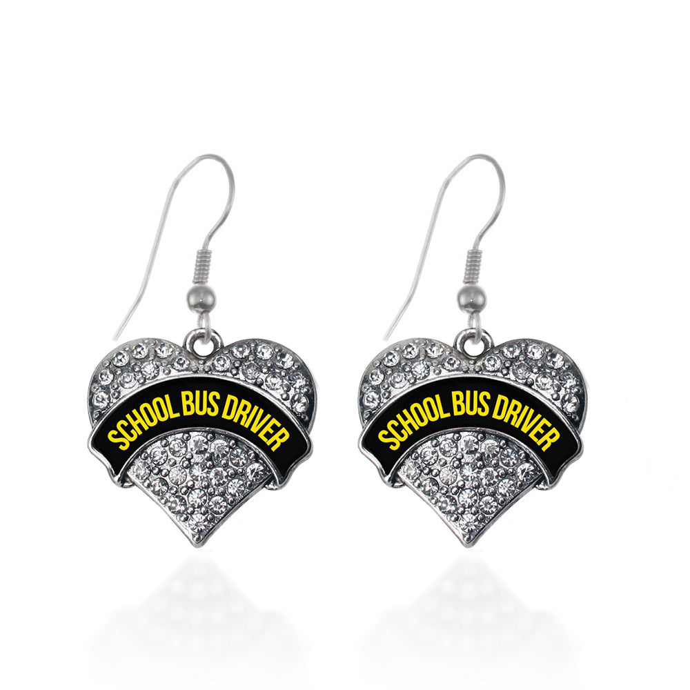 Silver Black and Yellow School Bus Driver Pave Heart Charm Dangle Earrings