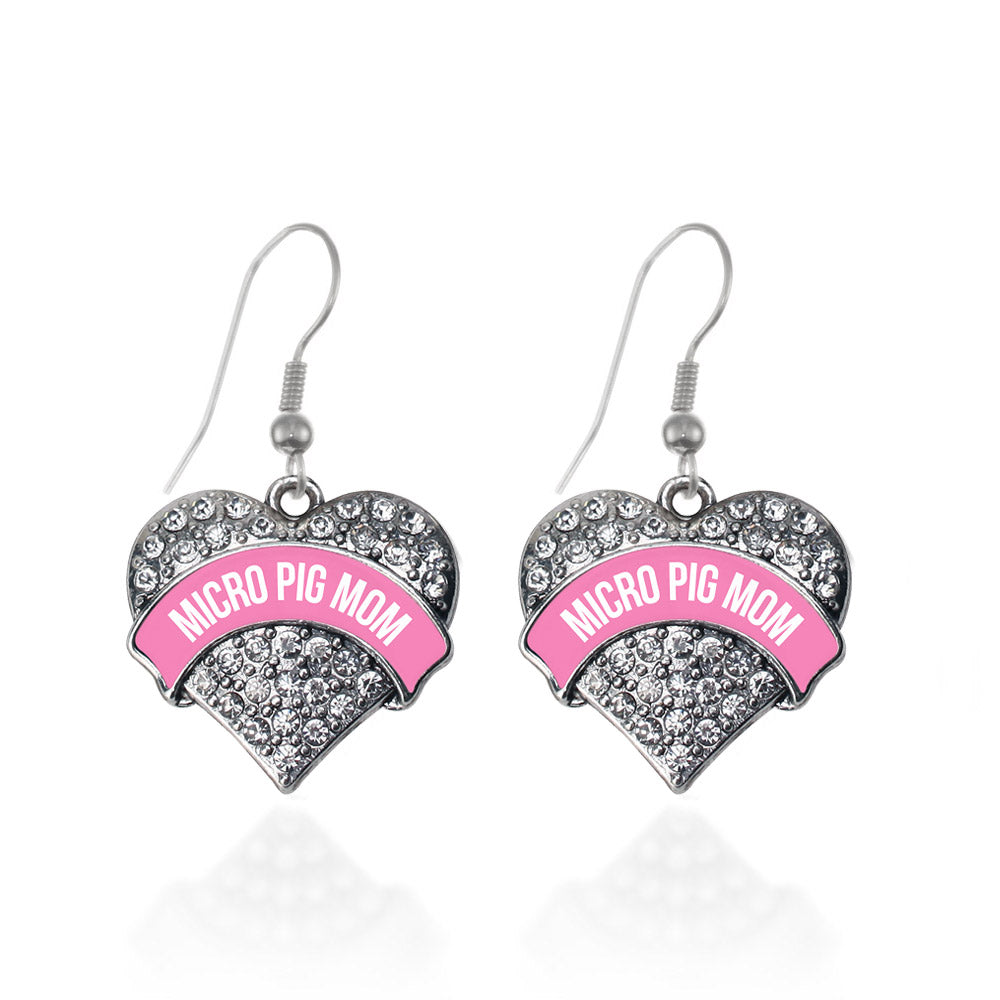 Silver Micro Pig Mom - Pink Pave Heart Charm Dangle Earrings