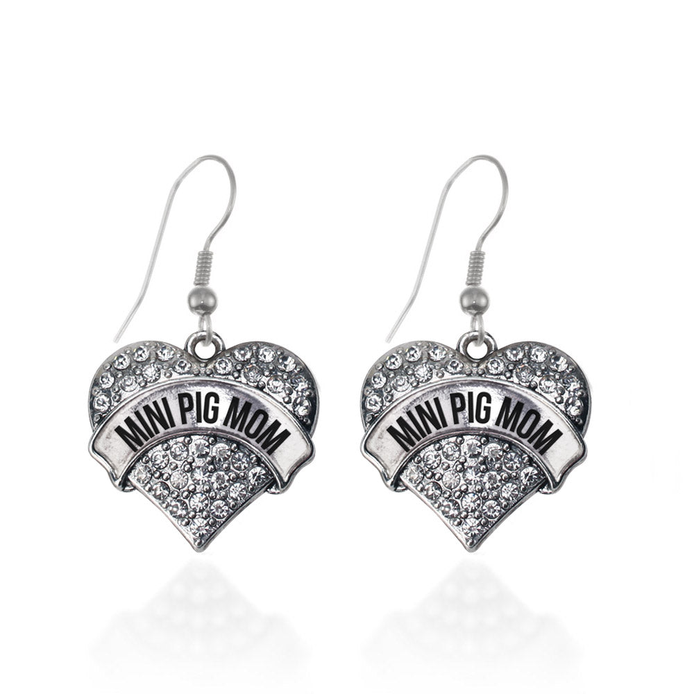 Silver Mini Pig Mom Pave Heart Charm Dangle Earrings