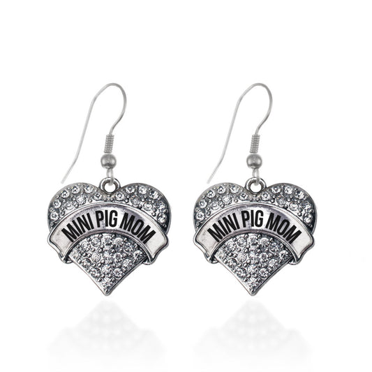 Silver Mini Pig Mom Pave Heart Charm Dangle Earrings