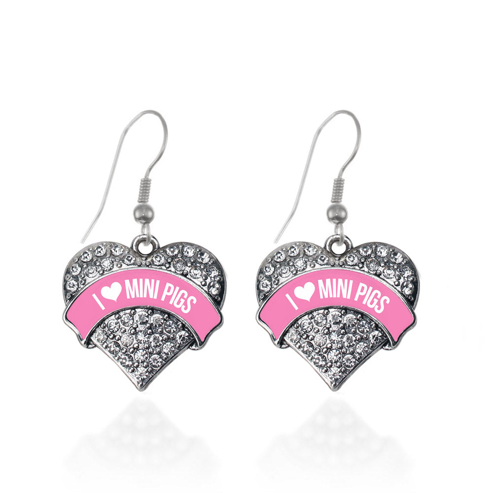 Silver I Love Mini Pigs - Pink Pave Heart Charm Dangle Earrings