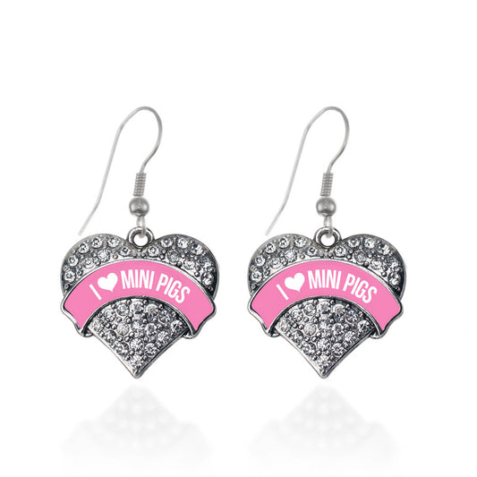Silver I Love Mini Pigs - Pink Pave Heart Charm Dangle Earrings