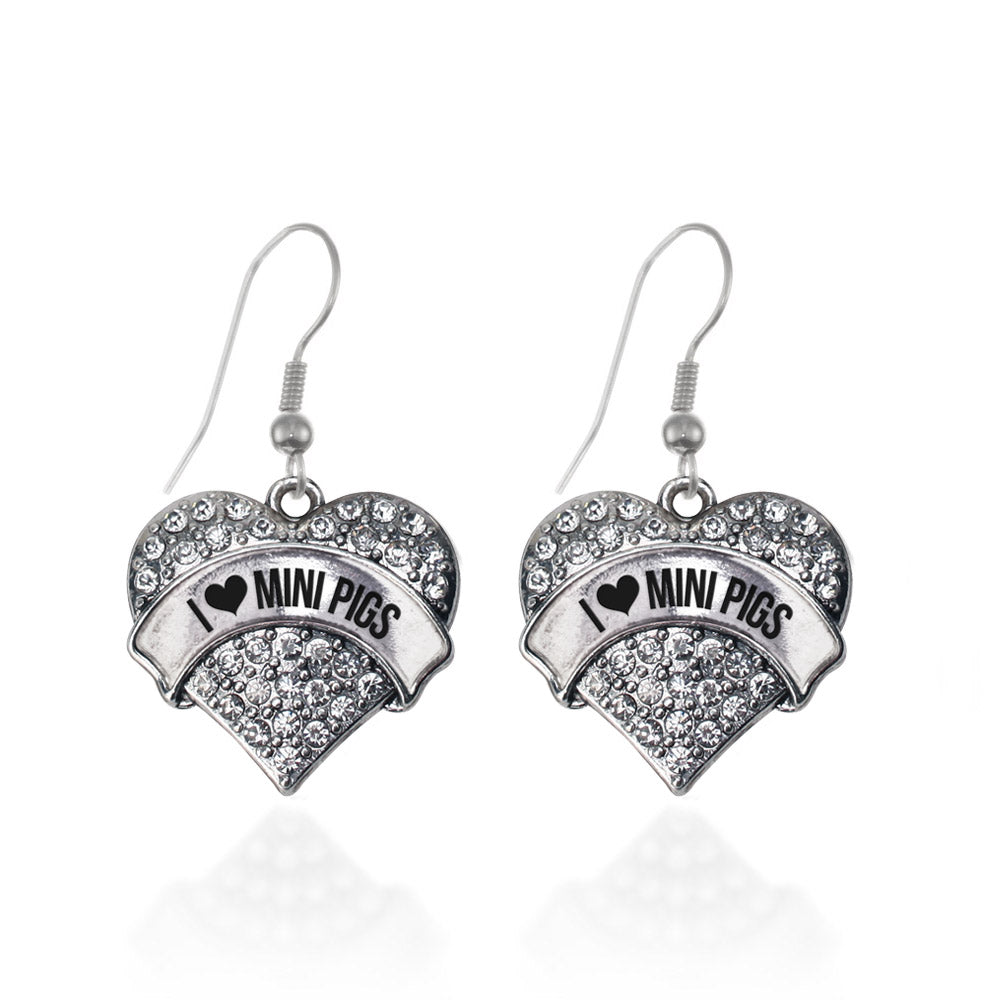 Silver I Love Mini Pigs Pave Heart Charm Dangle Earrings