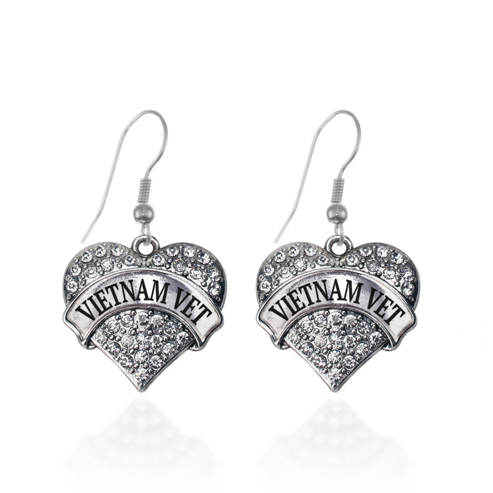 Silver Vietnam Veteran Pave Heart Charm Dangle Earrings