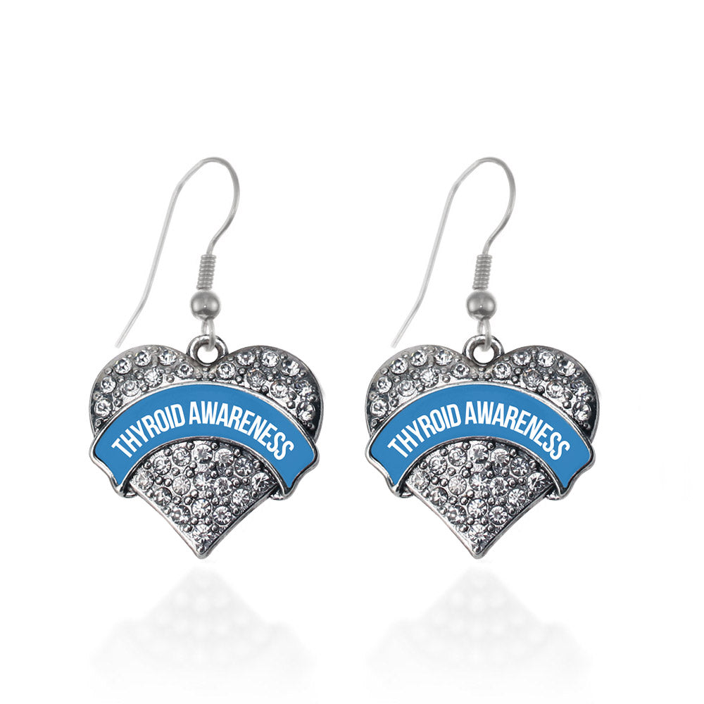 Silver Blue Thryoid Awareness Pave Heart Charm Dangle Earrings