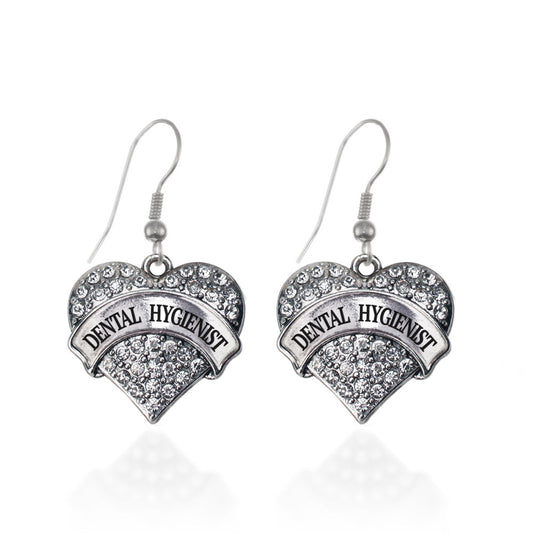 Silver Dental Hygienist Pave Heart Charm Dangle Earrings