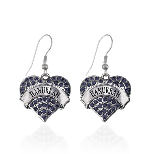 Silver Hanukkah Blue Blue Pave Heart Charm Dangle Earrings