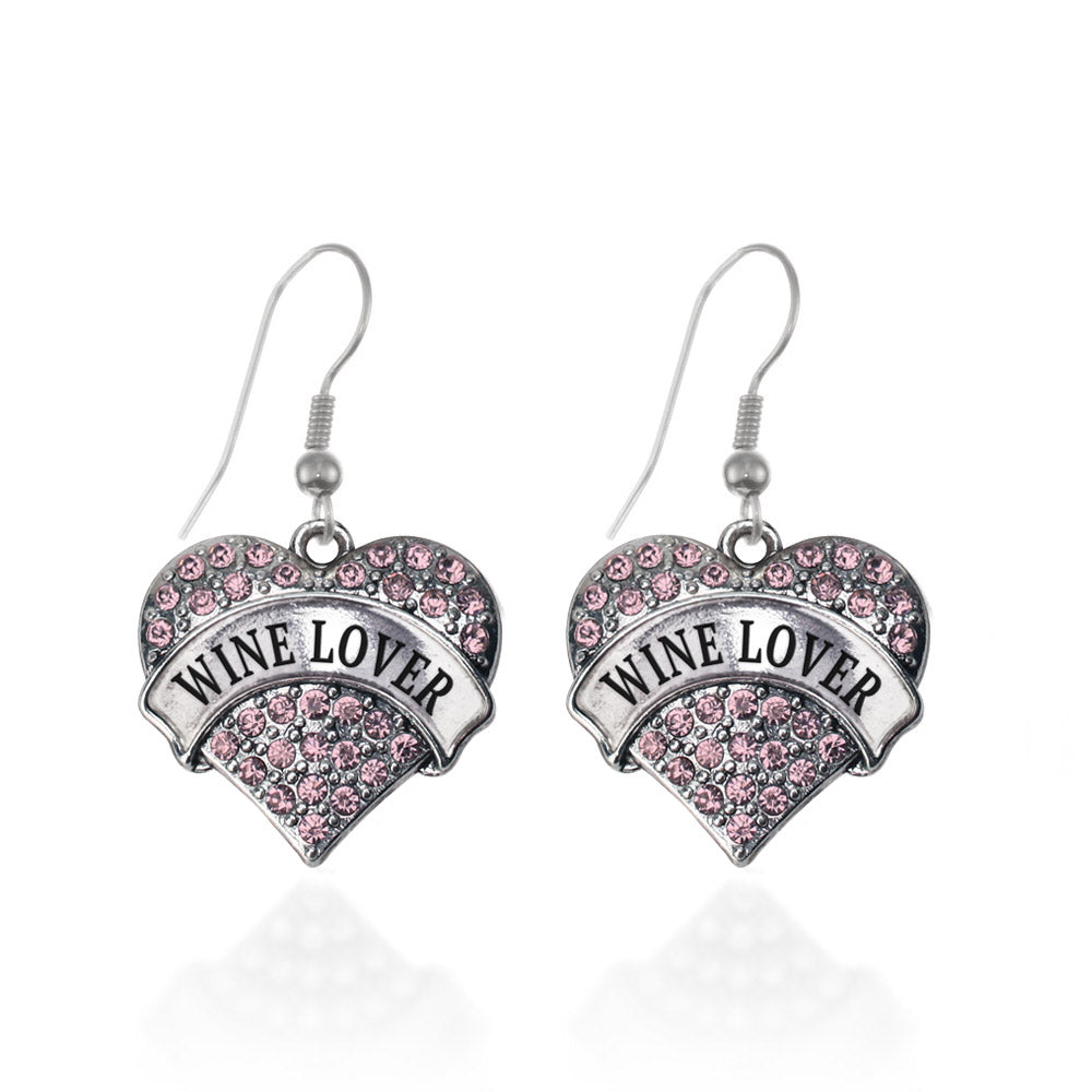 Silver Wine Lover Pink Pink Pave Heart Charm Dangle Earrings