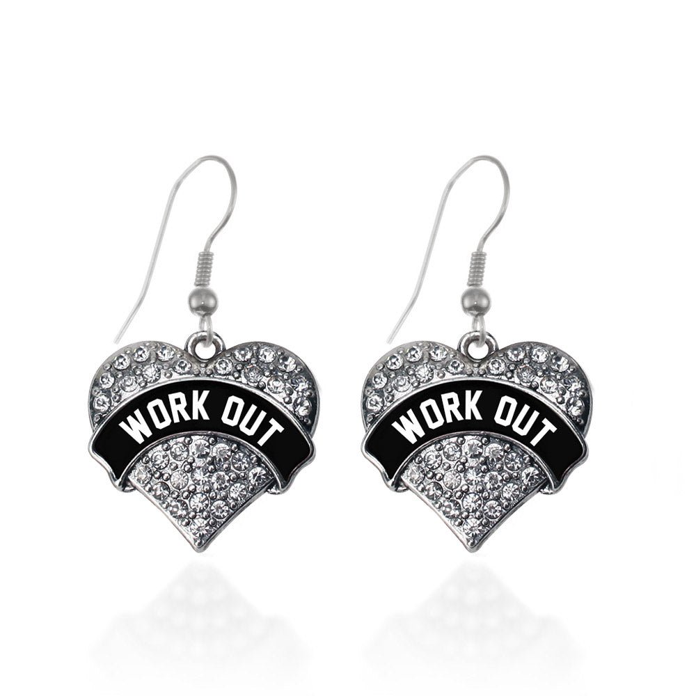 Silver Black and White Work Out Pave Heart Charm Dangle Earrings