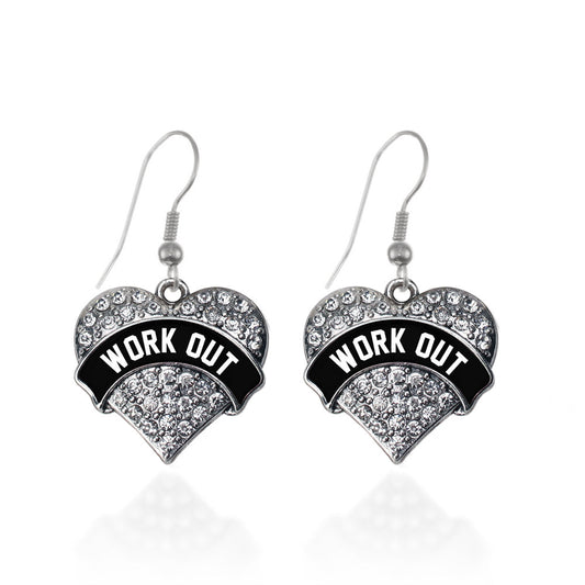 Silver Black and White Work Out Pave Heart Charm Dangle Earrings