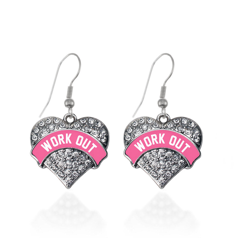 Silver Pink Work Out Pave Heart Charm Dangle Earrings