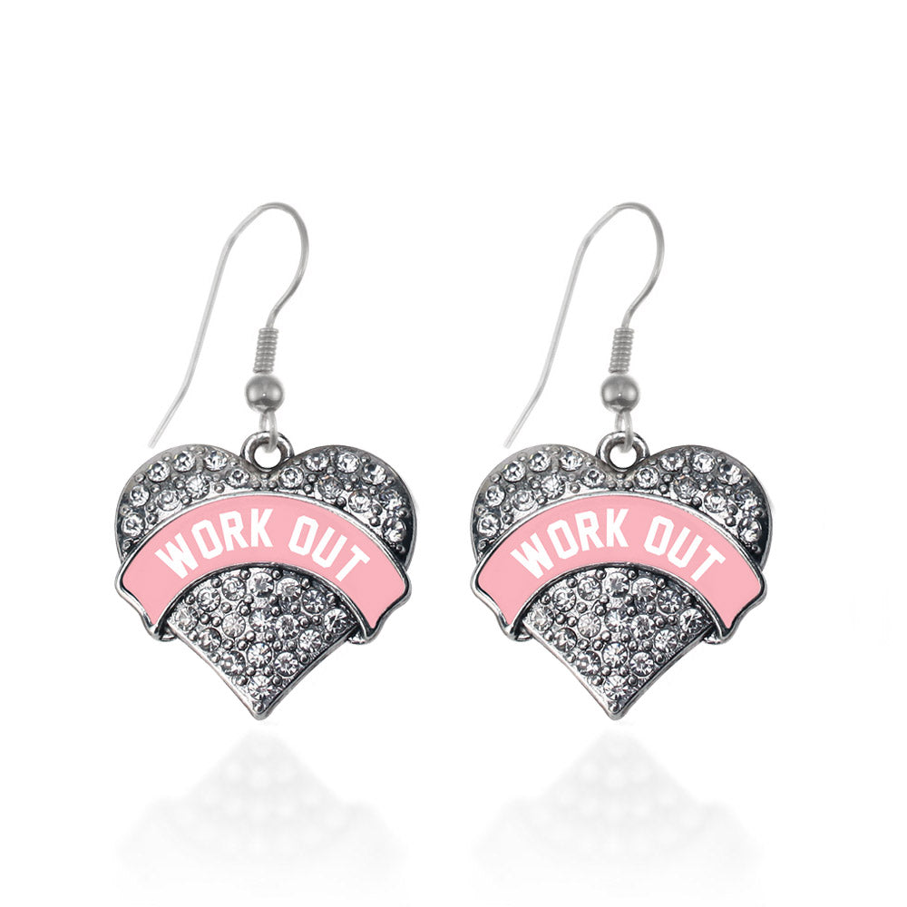 Silver Light Pink Work Out Pave Heart Charm Dangle Earrings