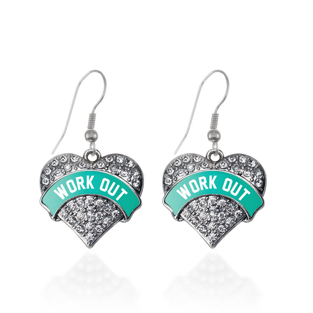 Silver Teal Work Out Pave Heart Charm Dangle Earrings