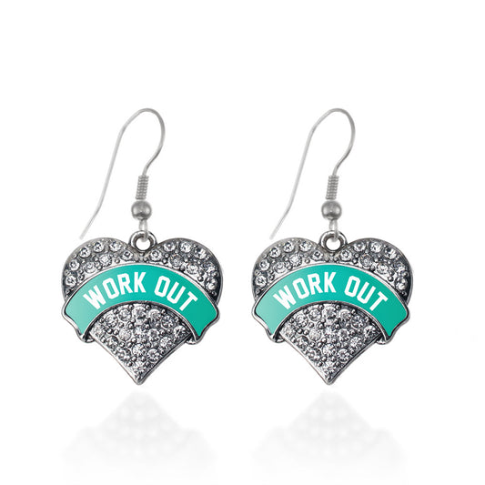 Silver Teal Work Out Pave Heart Charm Dangle Earrings