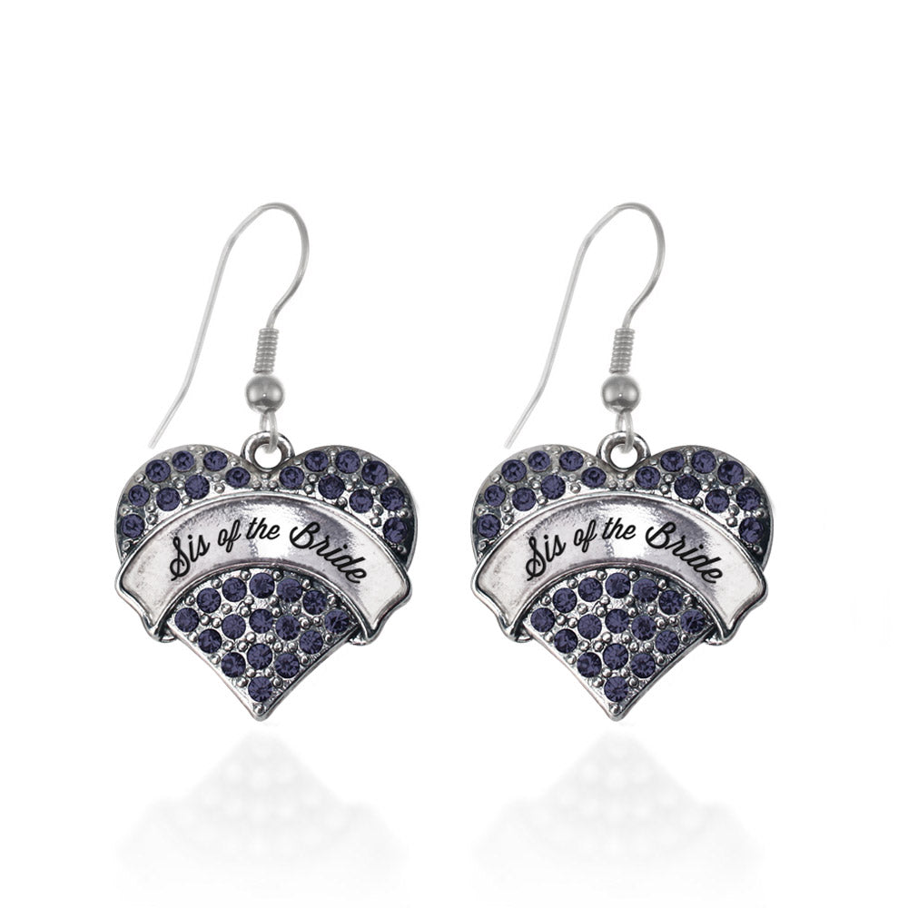 Silver Navy Sis of the Bride Blue Pave Heart Charm Dangle Earrings