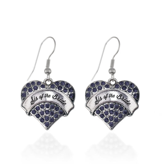 Silver Navy Sis of the Bride Blue Pave Heart Charm Dangle Earrings