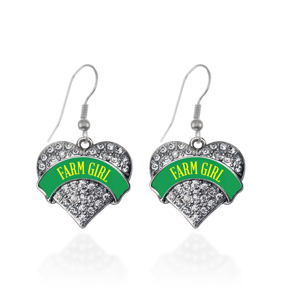 Silver Farm Girl Pave Heart Charm Dangle Earrings