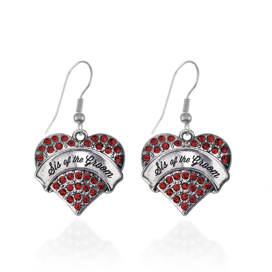 Silver Script Red Sis of the Groom Red Pave Heart Charm Dangle Earrings