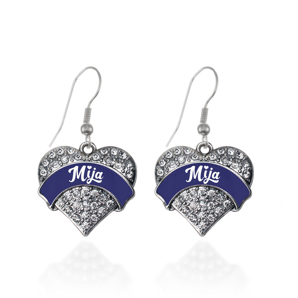 Silver Navy Blue Mija Pave Heart Charm Dangle Earrings