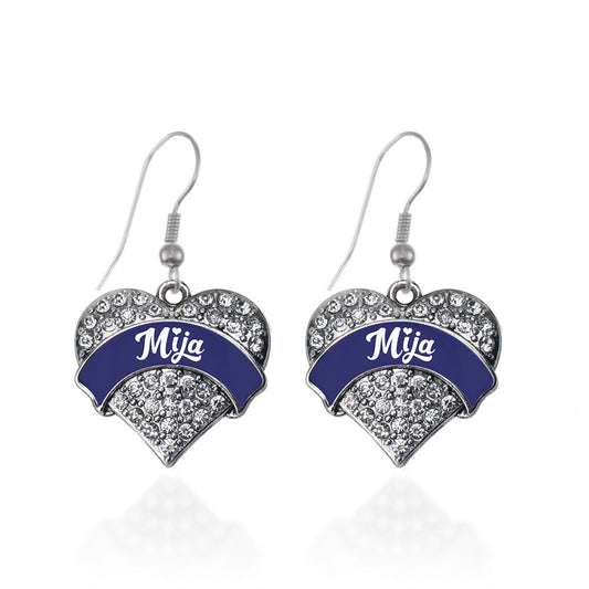 Silver Navy Blue Mija Pave Heart Charm Dangle Earrings