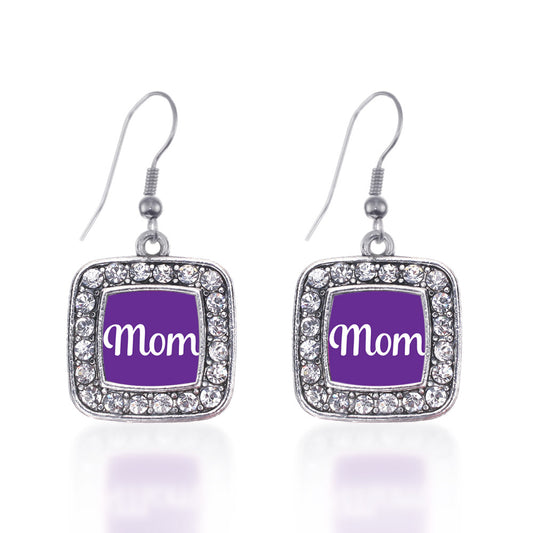 Silver Purple Mom Square Charm Dangle Earrings