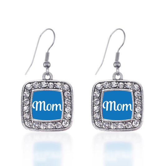 Silver Blue Mom Square Charm Dangle Earrings