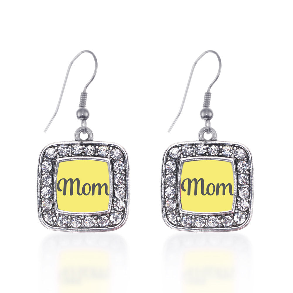 Silver Yellow Mom Square Charm Dangle Earrings