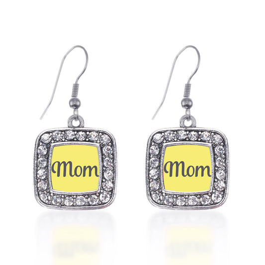 Silver Yellow Mom Square Charm Dangle Earrings