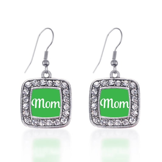 Silver Green Mom Square Charm Dangle Earrings