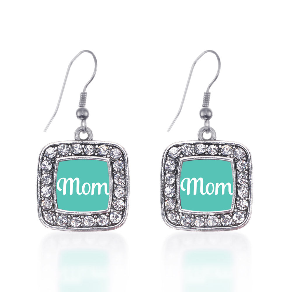 Silver Teal Mom Square Charm Dangle Earrings