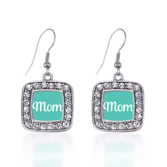 Silver Teal Mom Square Charm Dangle Earrings