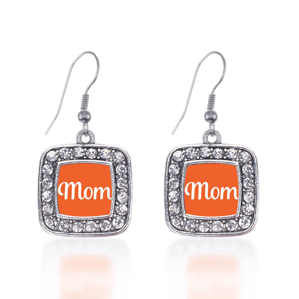 Silver Orange Mom Square Charm Dangle Earrings