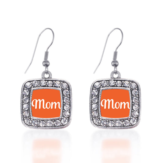 Silver Orange Mom Square Charm Dangle Earrings