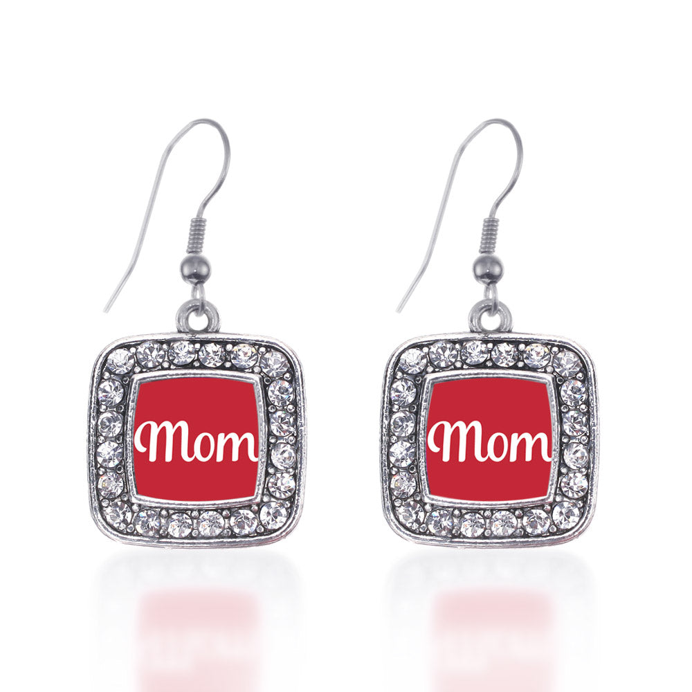 Silver Red Mom Square Charm Dangle Earrings