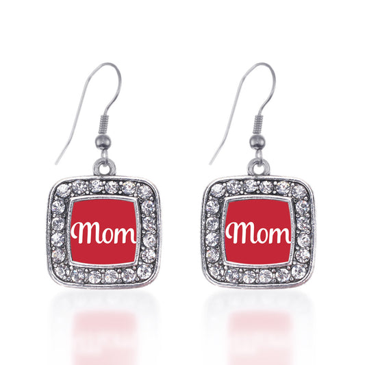 Silver Red Mom Square Charm Dangle Earrings