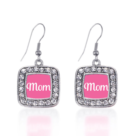Silver Pink Mom Square Charm Dangle Earrings
