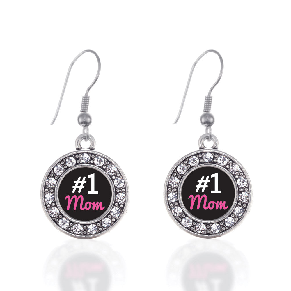 Silver #1 Mom Circle Charm Dangle Earrings