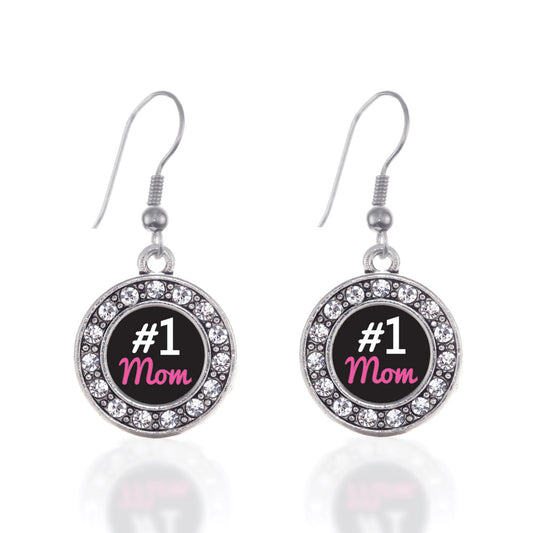 Silver #1 Mom Circle Charm Dangle Earrings