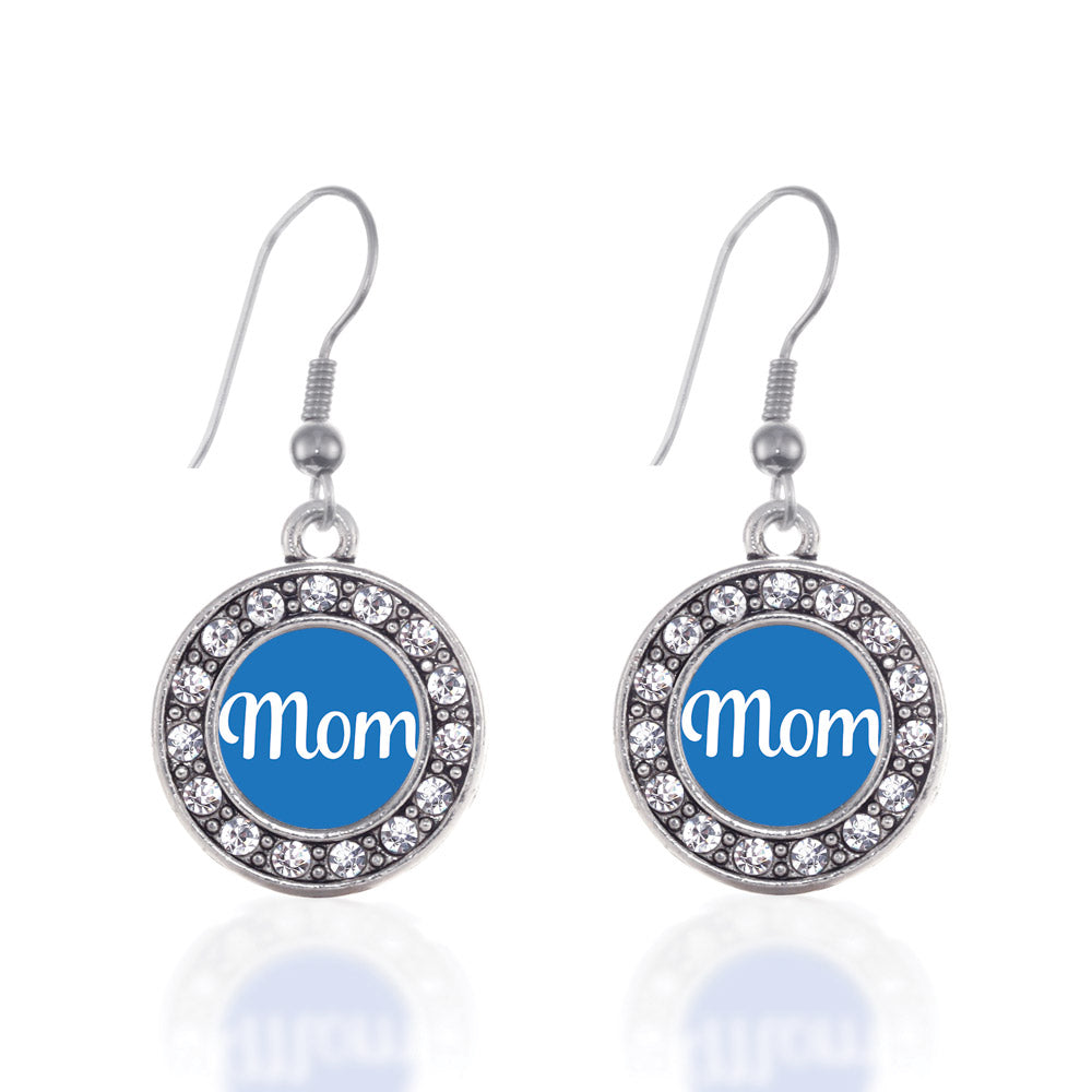 Silver Blue Mom Circle Charm Dangle Earrings