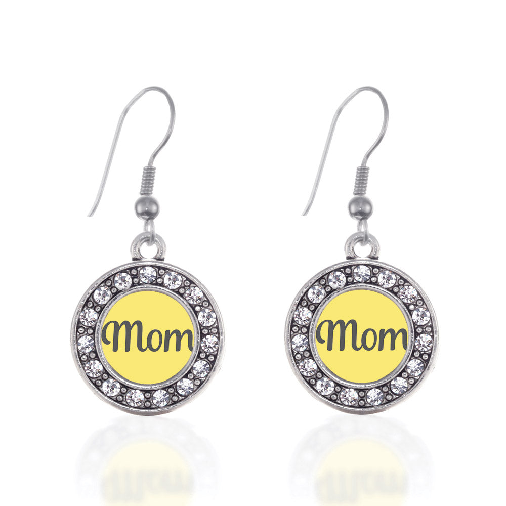 Silver Yellow Mom Circle Charm Dangle Earrings