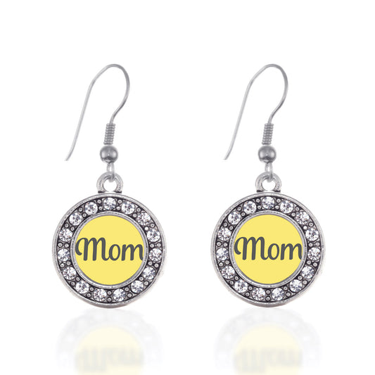 Silver Yellow Mom Circle Charm Dangle Earrings