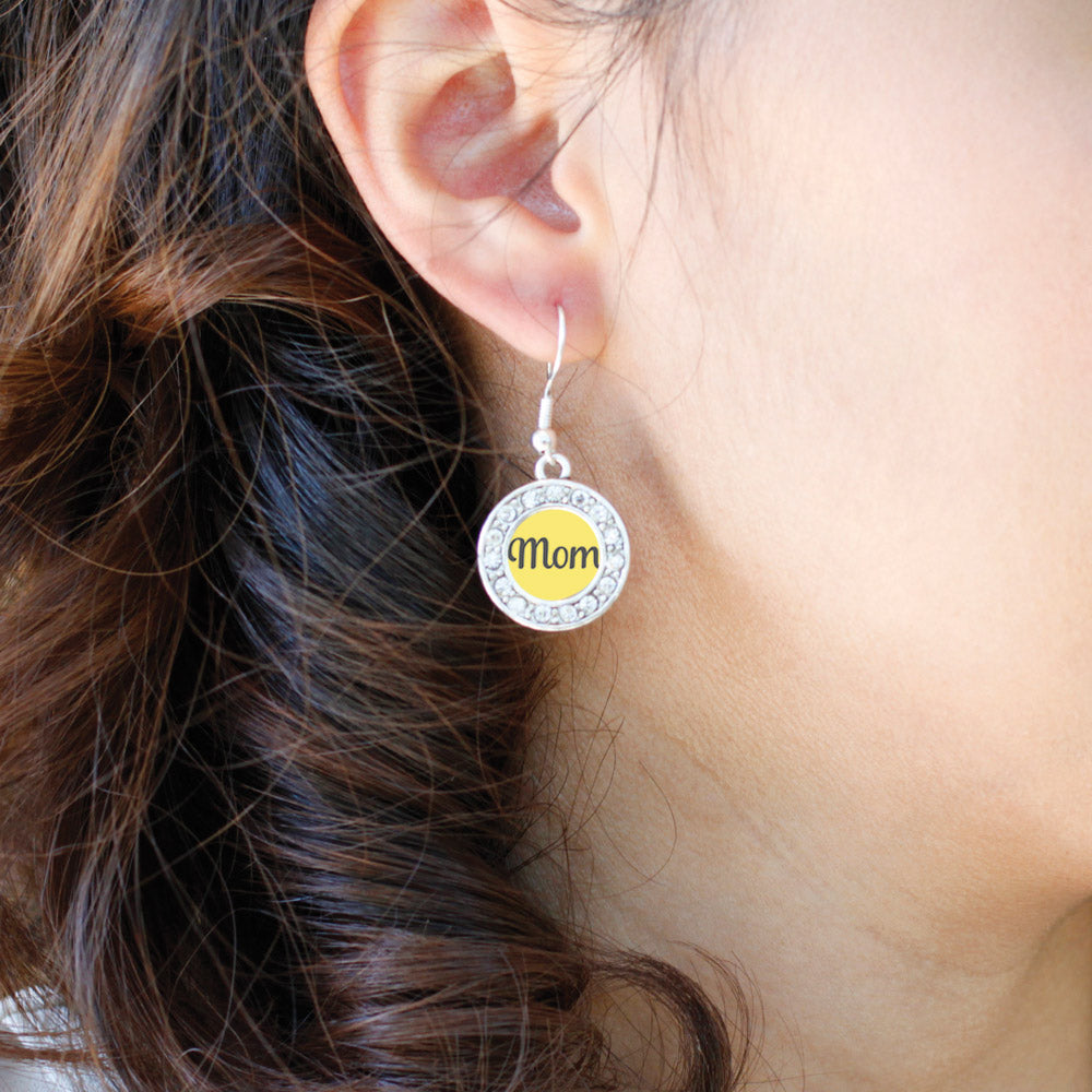 Silver Yellow Mom Circle Charm Dangle Earrings