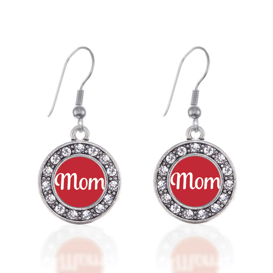 Silver Red Mom Circle Charm Dangle Earrings