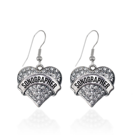Silver Sonographer Pave Heart Charm Dangle Earrings
