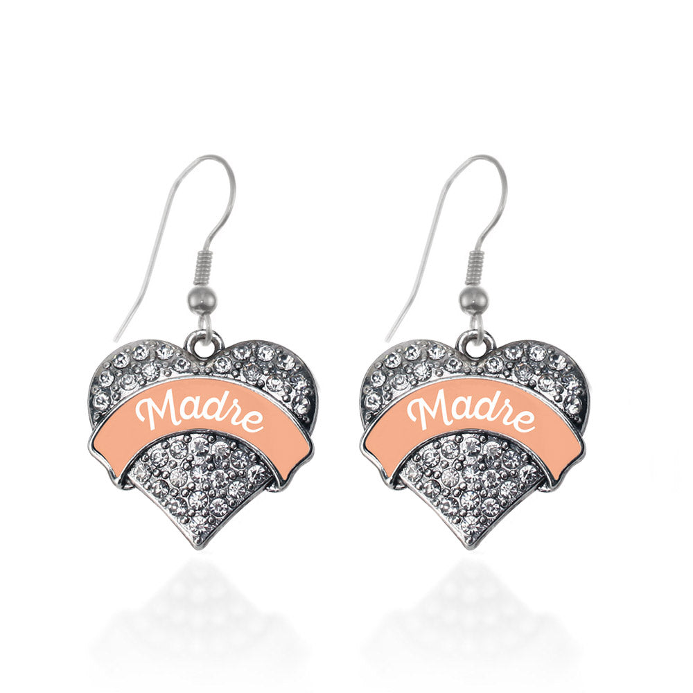 Silver Peach Madre Pave Heart Charm Dangle Earrings
